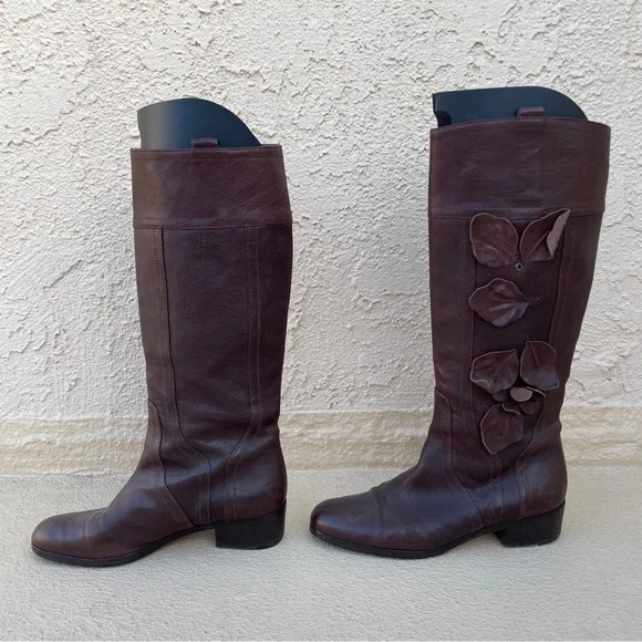 Valentino Garavani brown leather floral appliqué knee-high boots size IT 38 US 8